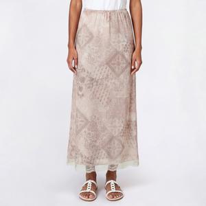 Juniors Pink Rose Print Mesh Rosette Midi Skirt- Sage