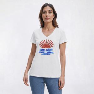 Womens Mountain Ridge Short Sleeve V Neck Sunrise Graphic Tee