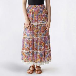 Juniors Angie Floral Crochet Trim Tier Maxi Skirt with Slit