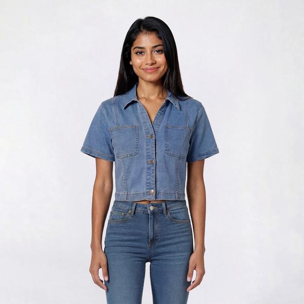 Juniors Love Tree Button Front Short Sleeve Denim Jacket
