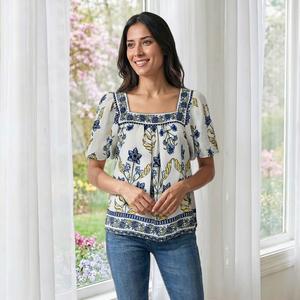 Womens Draper James Short Sleeve Square Neck Floral Blouse