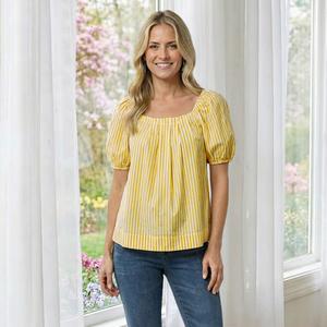 Womens Draper James Short Puff Sleeve Yarn Dye Stripe Blouse