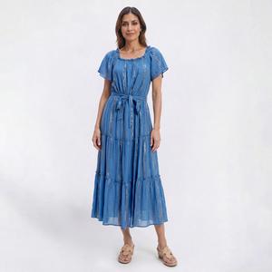 Womens Luxology Short Sleeve Foil Tier Midi Dress