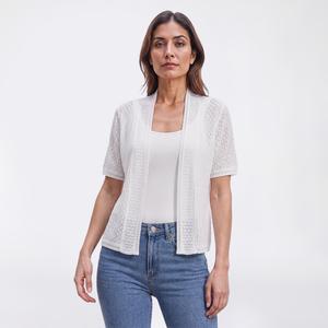 Womens Perceptions Short Sleeve Solid Novelty Stitch Shrug