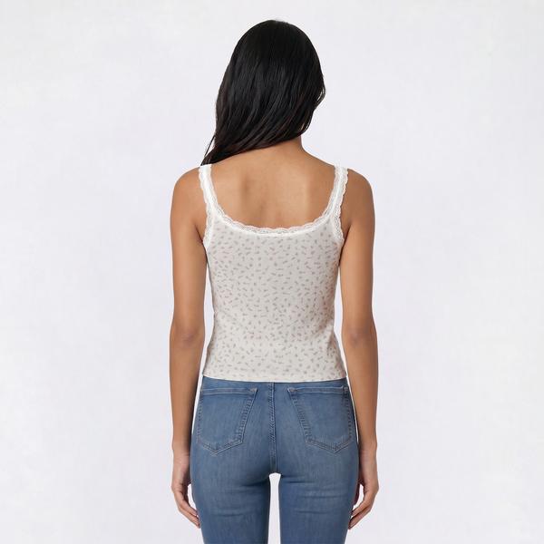 Juniors Pink Rose Floral Thermal Lace Trim Henley Tank Top alternate view
