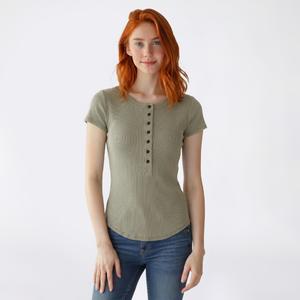 Juniors Pink Rose Short Sleeve Mineral Wash Ribbed Henley Top