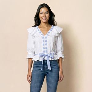 Womens MNK Stripe Elbow Sleeve V-Neck Ruffle Blouse