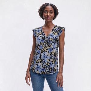Petite AK Anne Klein Cap Ruffle Sleeve V Neck Floral Blouse
