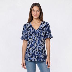 Petite AK Anne Klein Short Ruffle Sleeve V Neck Leaf Blouse