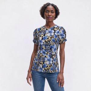 Womens AK Anne Klein Short Pleated Sleeve Floral Blouse