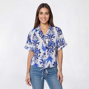Womens Adrianna Papell Short Sleeve Watercolor Damask Blouse