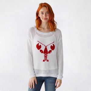 Juniors No Comment Mesh Stitch Sweater w/ Graphic - Lobster