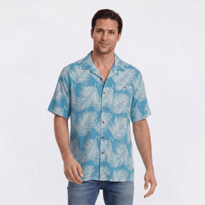 Mens Campia Short Sleeve Rayon Button Down Leaf Shirt - Aqua