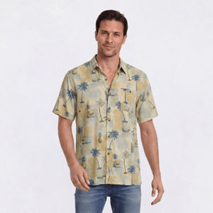 Mens Campia Short Sleeve Pineapples Button Down Shirt - Tan