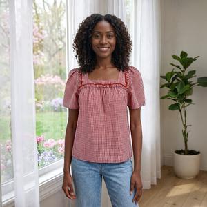 Womens Draper James Gingham Ruffle Trim Square Neck Blouse