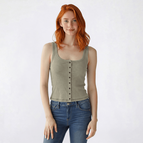Juniors Pink Rose Washed Ribbed Button Up Tank Top