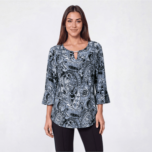 Womens Notations 3/4 Ruffle Sleeve Paisley Keyhole Neck Blouse