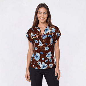 Womens Cure Extend Sleeve 1/2 Zipper Chest Pockets Floral Blouse