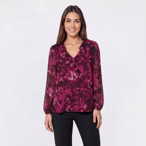 Womens Kasper Long Sleeve Ruffle Trim Floral Blouse
