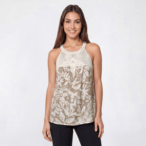 Womens Como Black High Neck Crochet Trim Tropical Tank Top