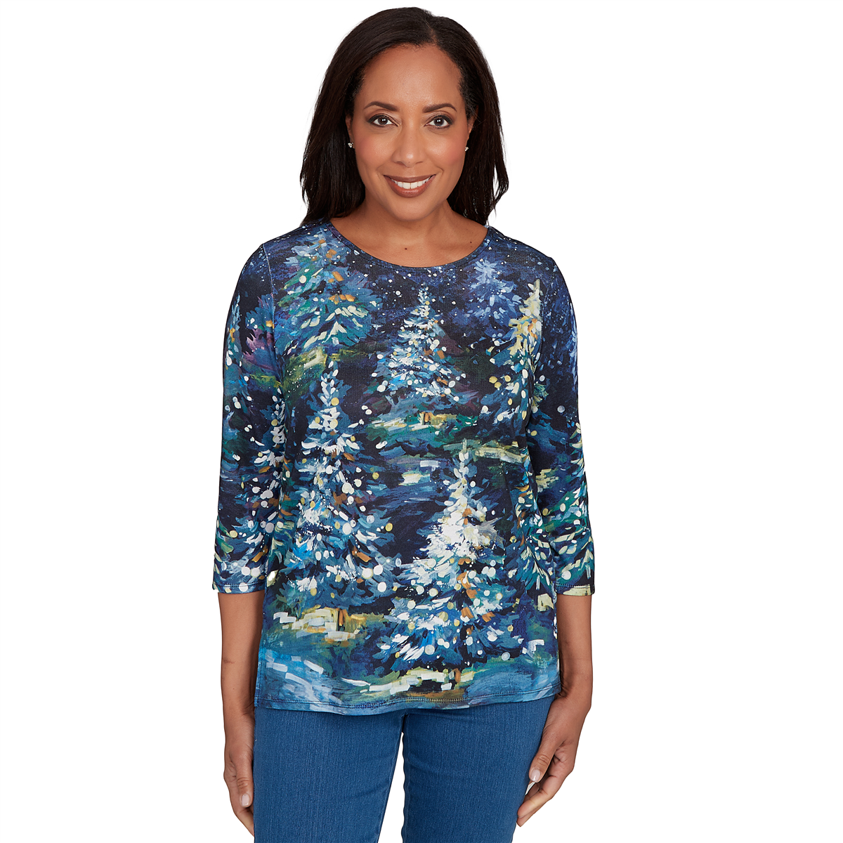 Alfred Dunner Women's Classic Starry Christmas Tree Scene Top - Navy