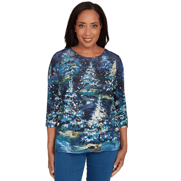 Womens Alfred Dunner Classics Starry Christmas Tree Scene Tee