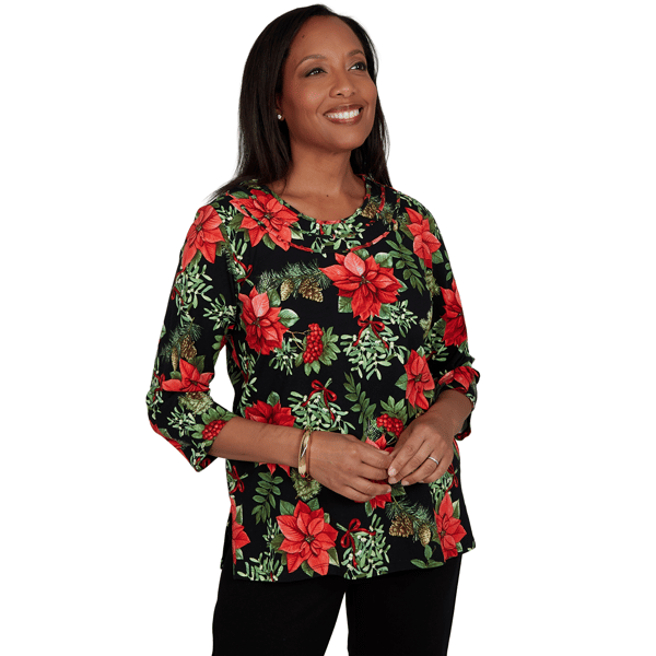 Womens Alfred Dunner Classics 3/4 Sleeve Poinsettia Blouse