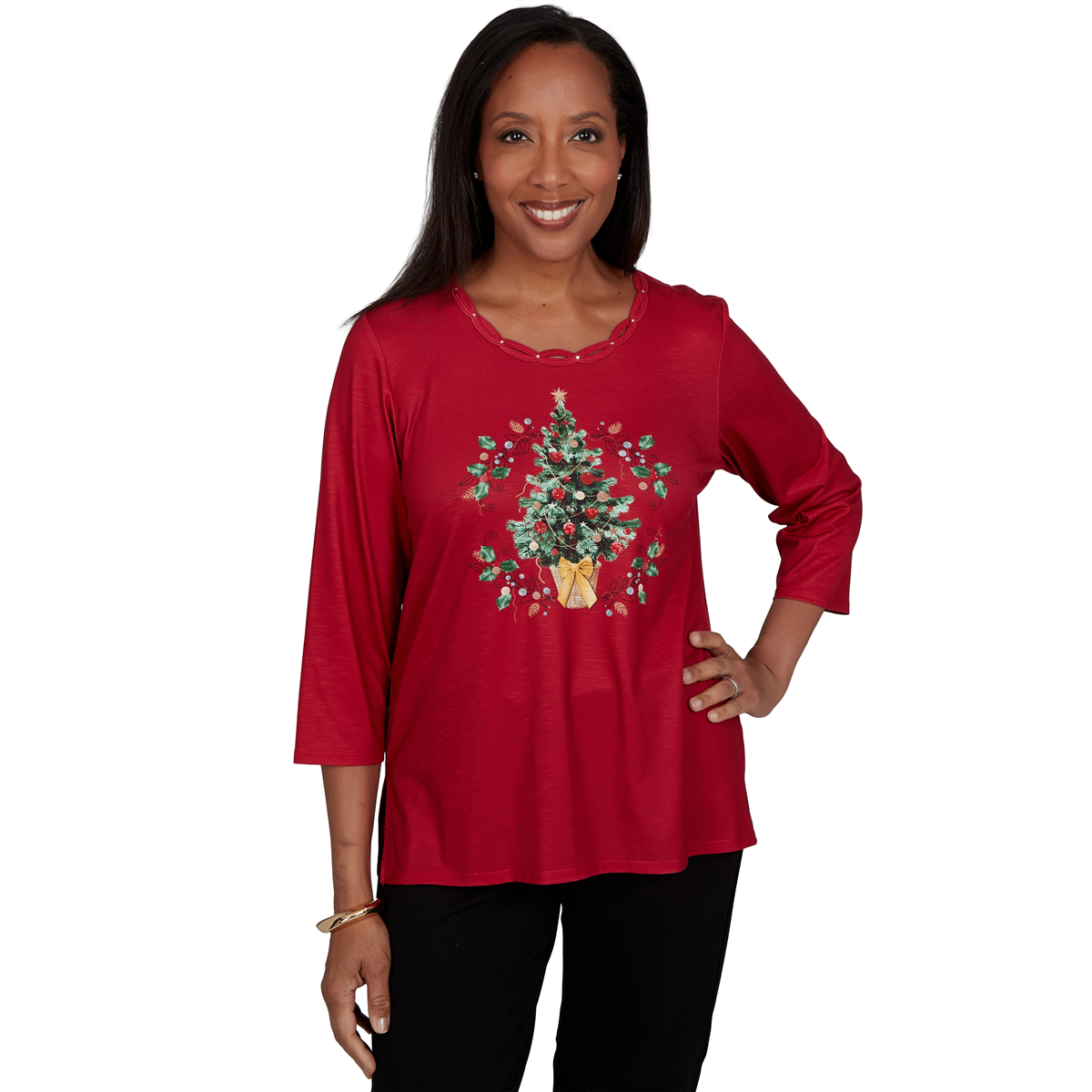 Alfred Dunner Women's Classic Christmas Tree Braided Neck Top - Red