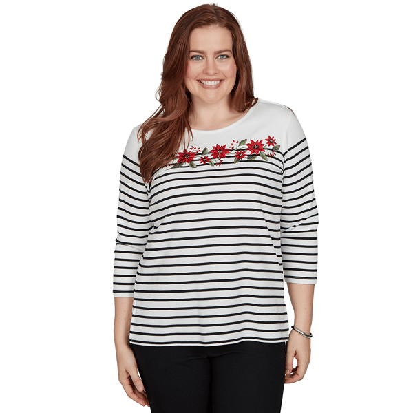 Womens Alfred Dunner Classics 3/4 Sleeve Poinsettia Stripe Tee