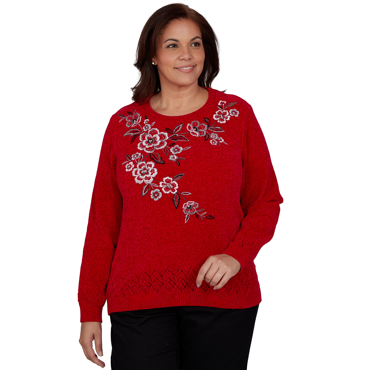 Alfred Dunner Plus Size Classic Embroidered Floral Textured Chenille Sweater - Red