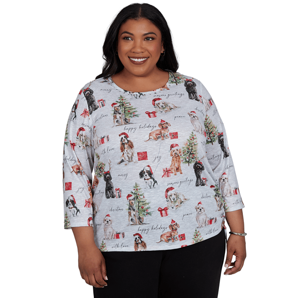 Plus Size Alfred Dunner Classics 3/4 Sleeve Gift Giving Dogs Tee