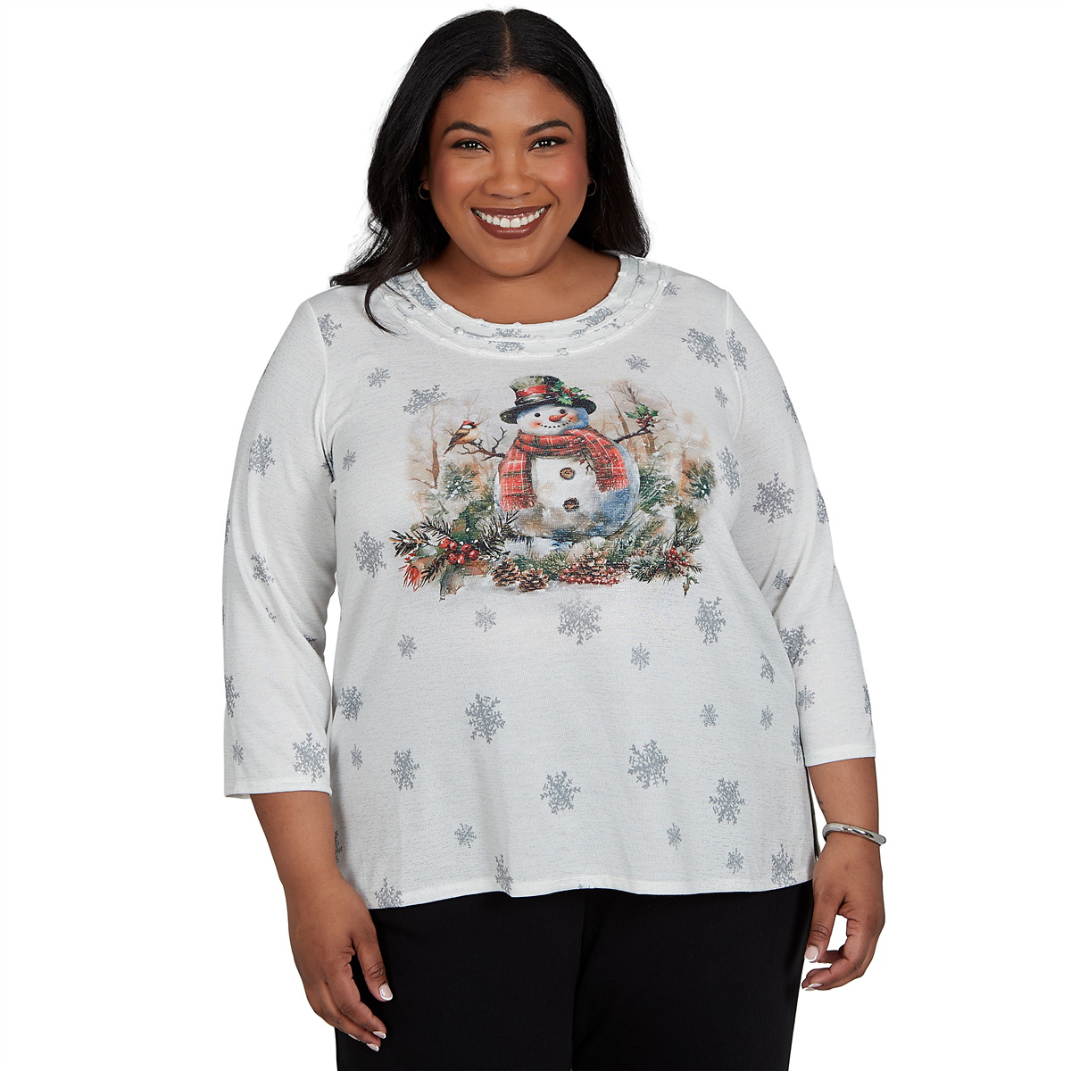 Alfred Dunner Plus Size Classic Shimmering Snowman Knit Top - Gray