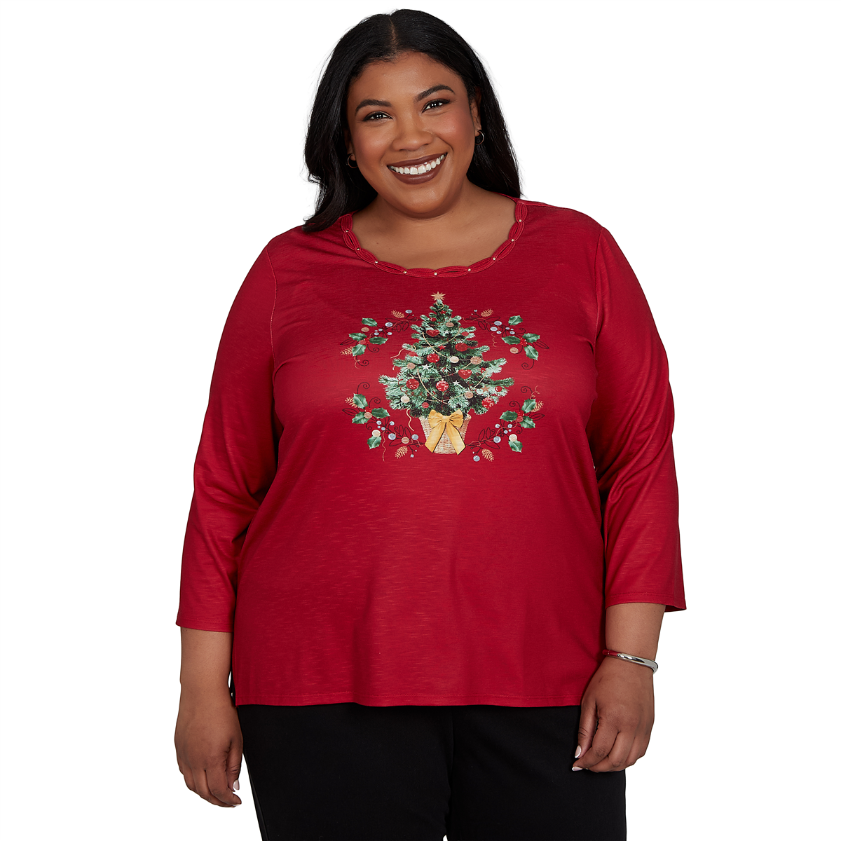 Alfred Dunner Plus Size Classic Christmas Tree Braided Neck Top - Red