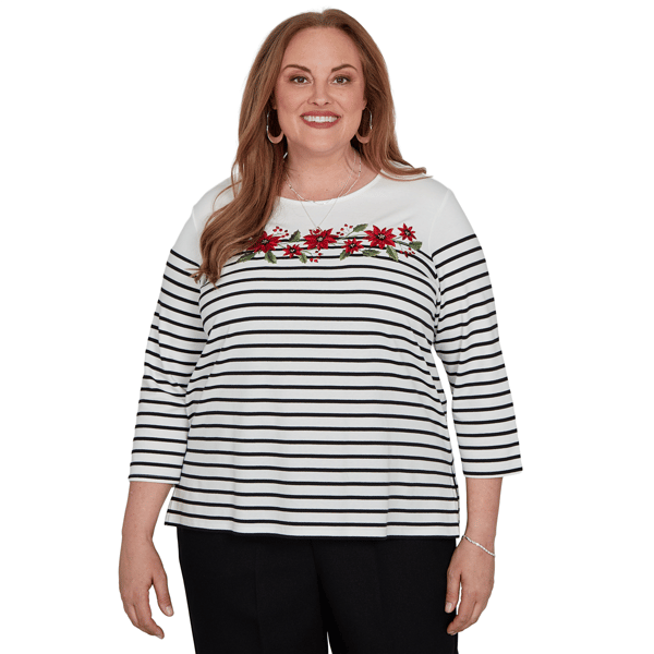 Plus Size Alfred Dunner Classics 3/4 Sleeve Poinsettia Stripe Tee
