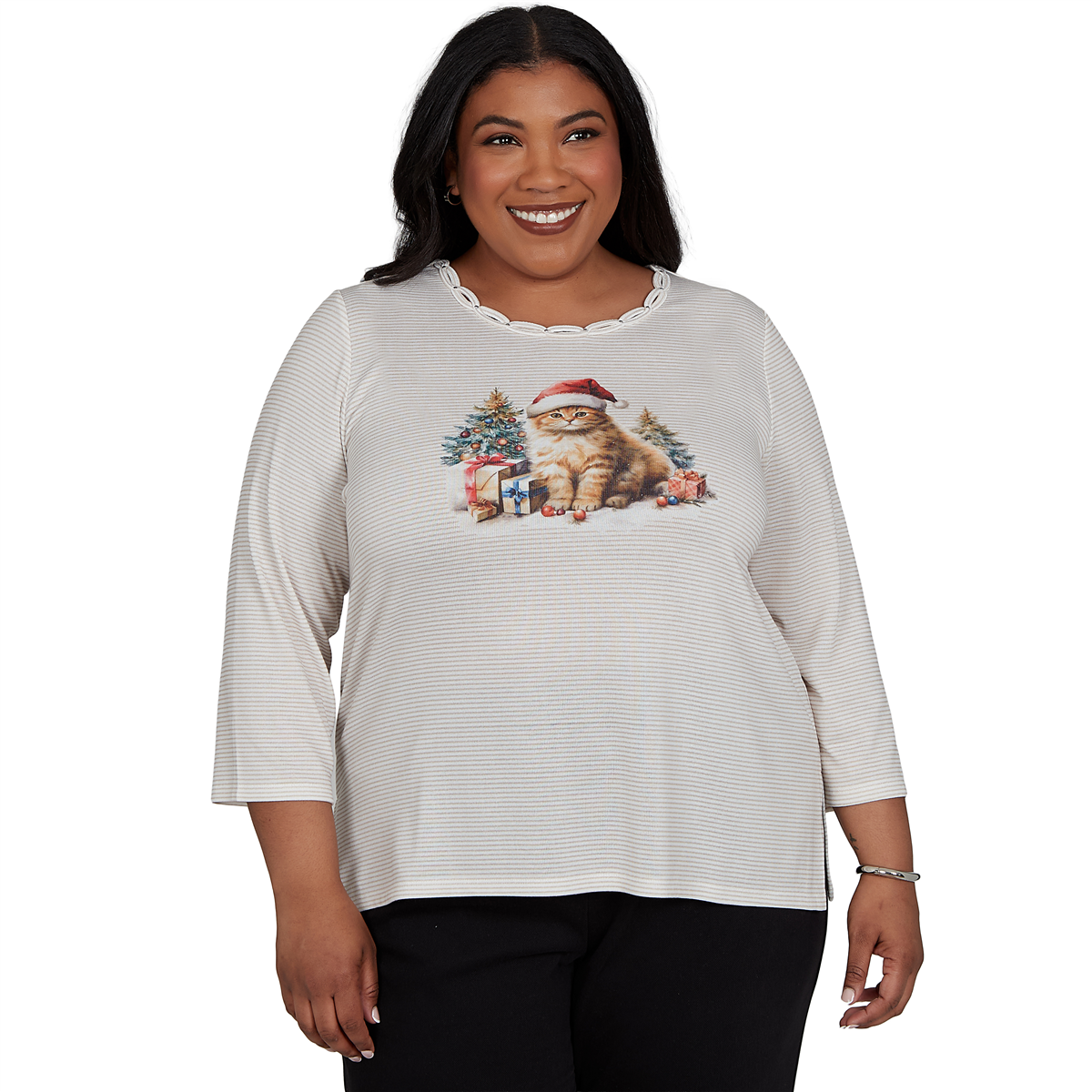 Plus Size Alfred Dunner Classics 3/4 Sleeve Santa Cat Tee
