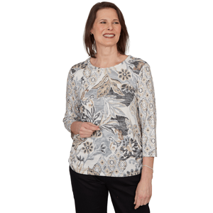 Petite Alfred Dunner Classics 3/4 Sleeve Geo Leaf Blouse