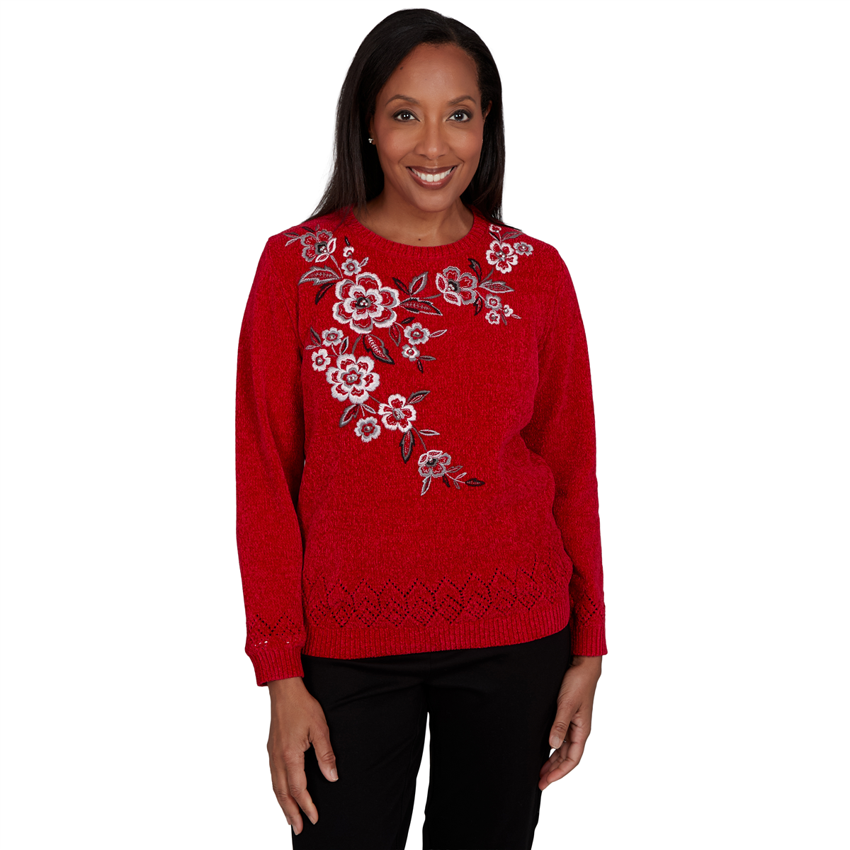 Alfred Dunner Petite Classic Embroidered Floral Textured Chenille Sweater - Red