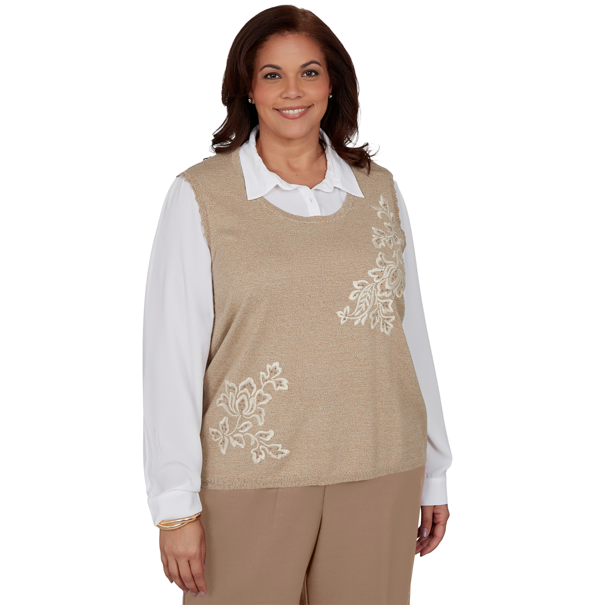 Alfred Dunner Plus Size Union Square Two-in-one Embroidered Sweater - Pecan