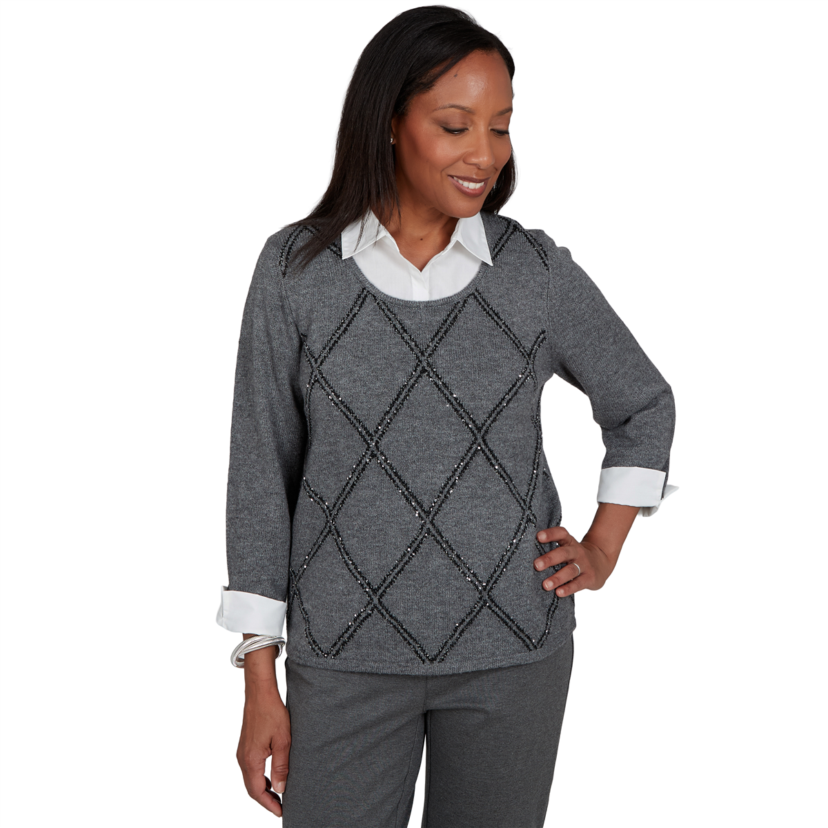 Alfred Dunner Women's Sweatr 3/4-Sleeve Scoop Neck Pullover - Charcoal