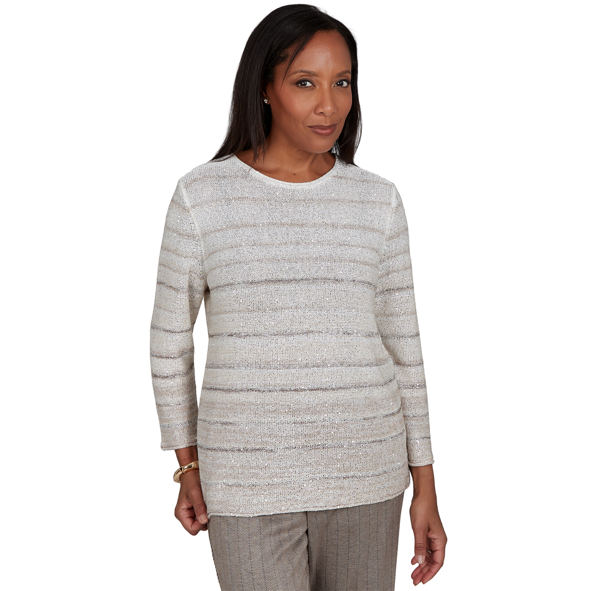 Alfred Dunner Women's Crewneck Striped 3/4-Sleeve Pullover Sweater - Latte