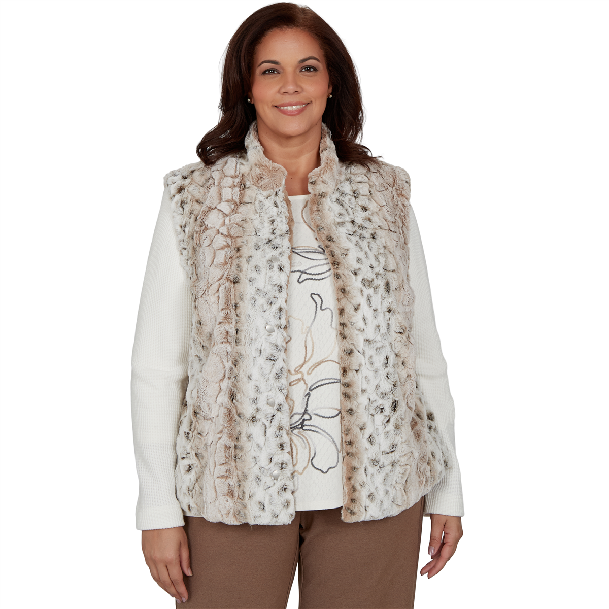 Alfred Dunner Plus Size Animal-Print Mock Neck Short Faux Fur Teddy Jacket - Cream
