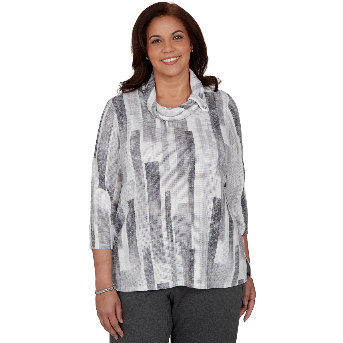Alfred Dunner Plus Size Cowl Neck 3/4-Sleeve Textured-Knit Blouse - Gray