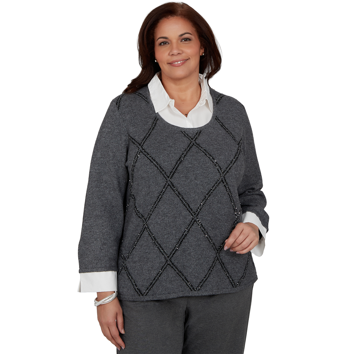 Alfred Dunner Plus Size Sequin 3/4-Length Sleeve Sweater - Charcoal