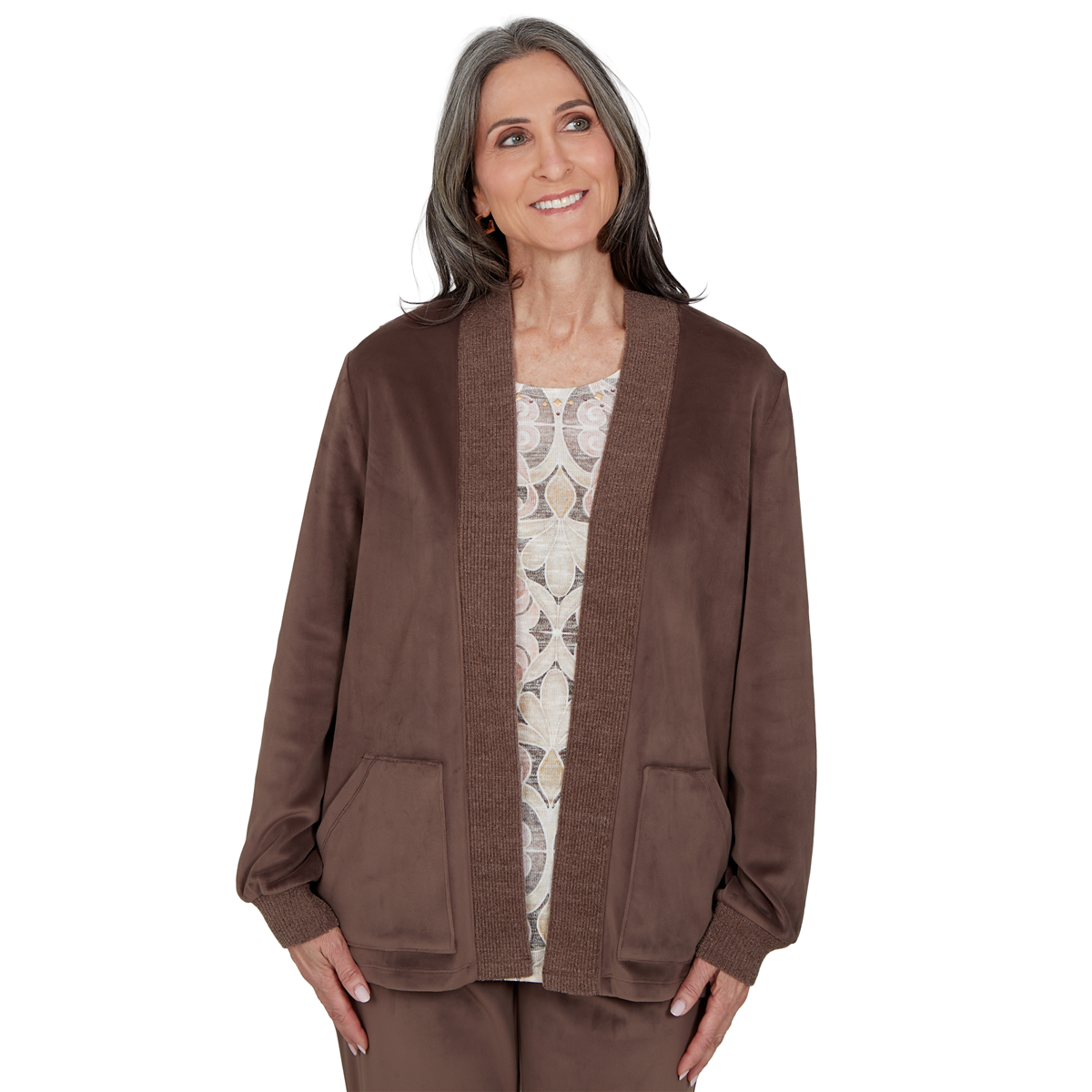 Alfred Dunner Women's Shawl-Collar Open-Front Long-Sleeve Faux Suede Cardigan Sweater - Rose