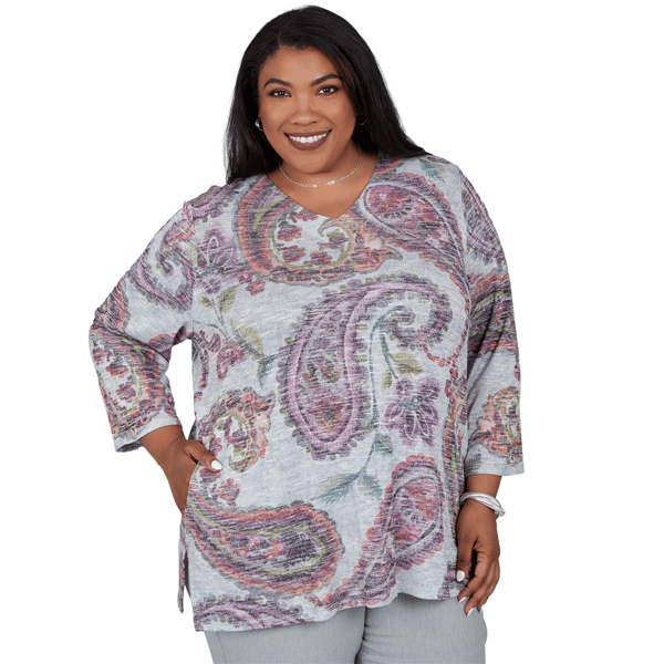 Plus Size Alfred Dunner Vail 3/4 Sleeve V-Neck Paisley Blouse
