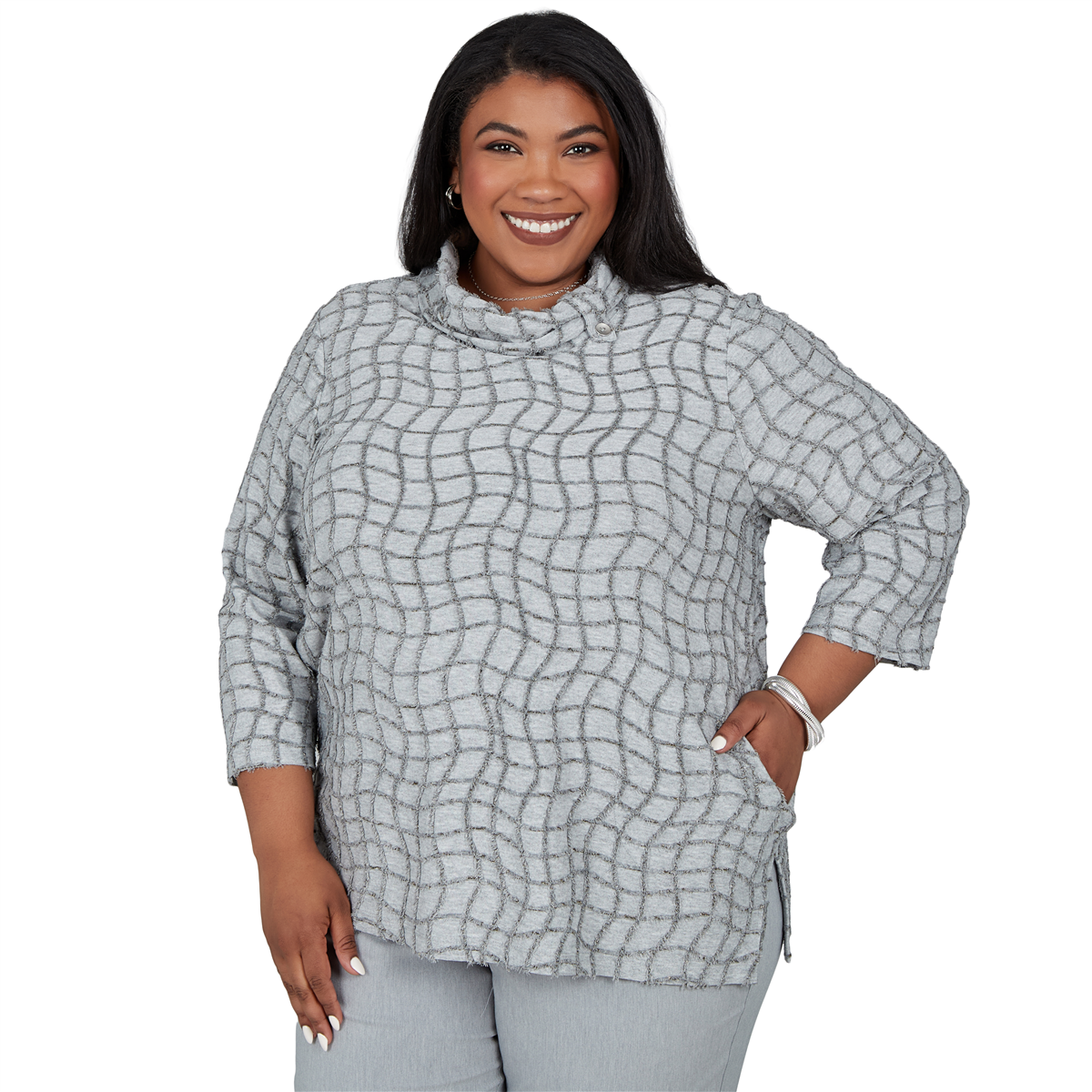 Alfred Dunner Plus Size Cowl-Neck 3/4-Sleeve Geometric-Print Tunic Top - Grey