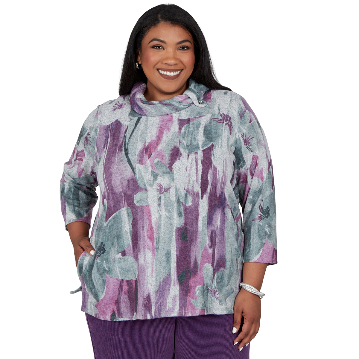 Alfred Dunner Plus Size Cowl Neck 3/4-Sleeve Floral-Print Tunic Top - Grey