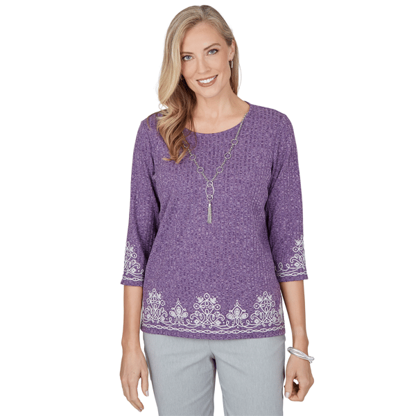 Petite Alfred Dunner Vail 3/4 Sleeve Soutache Border Sweater