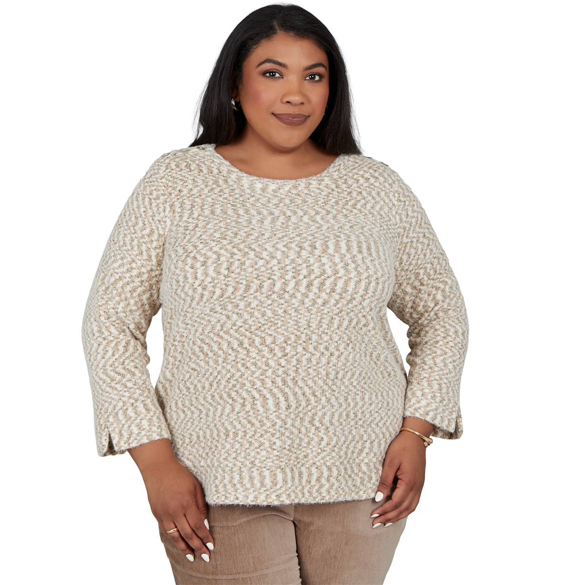 Alfred Dunner Plus Size Boat Neck 3/4 Sleeve Side Slit Sweater - Stone