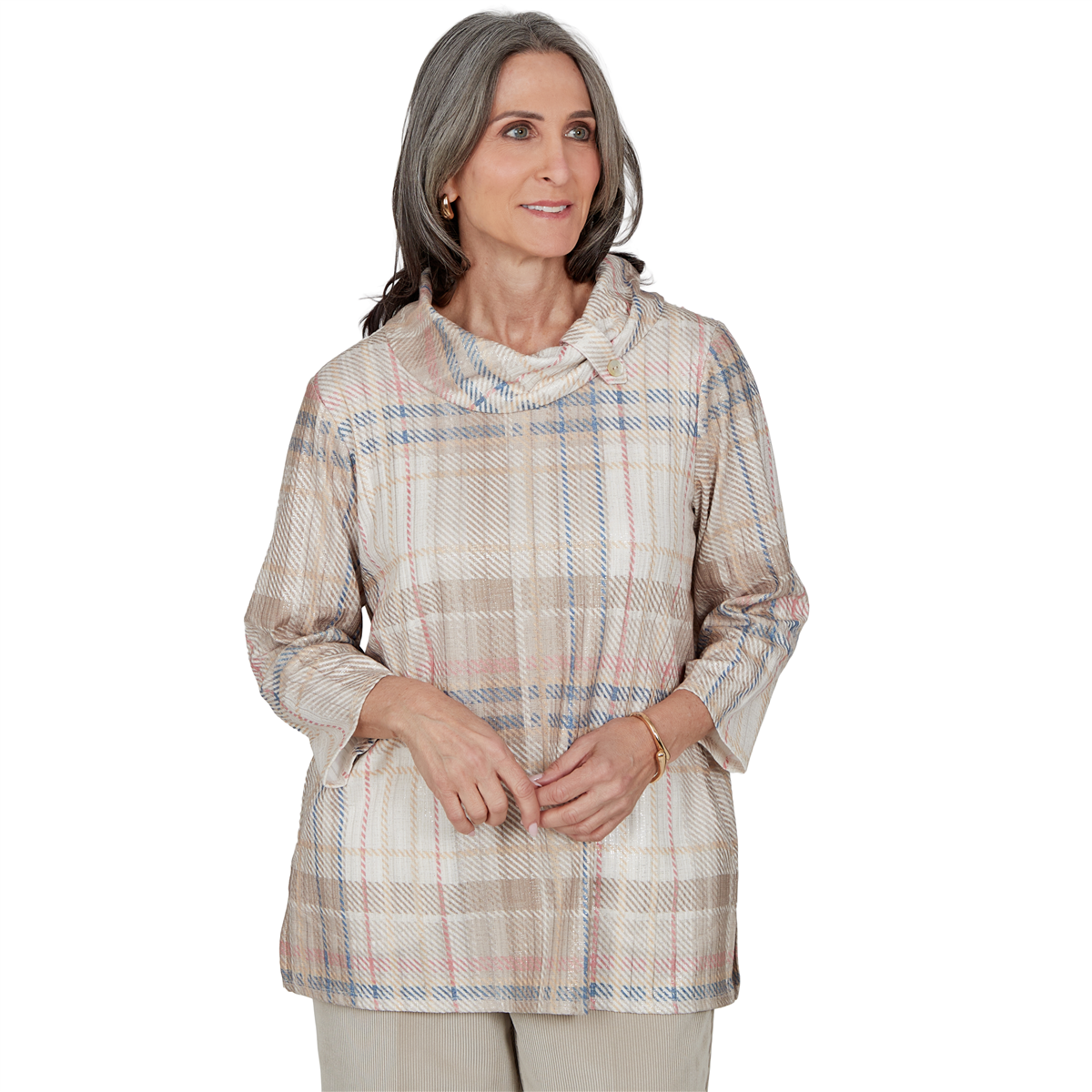 Alfred Dunner Petite Plaid Cowl Neck 3/4-Sleeve Tunic Top - Tan Multi